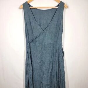 Esby Blue Crinkle Linen Reversible Sleeveless Surplice Midi Dress XS